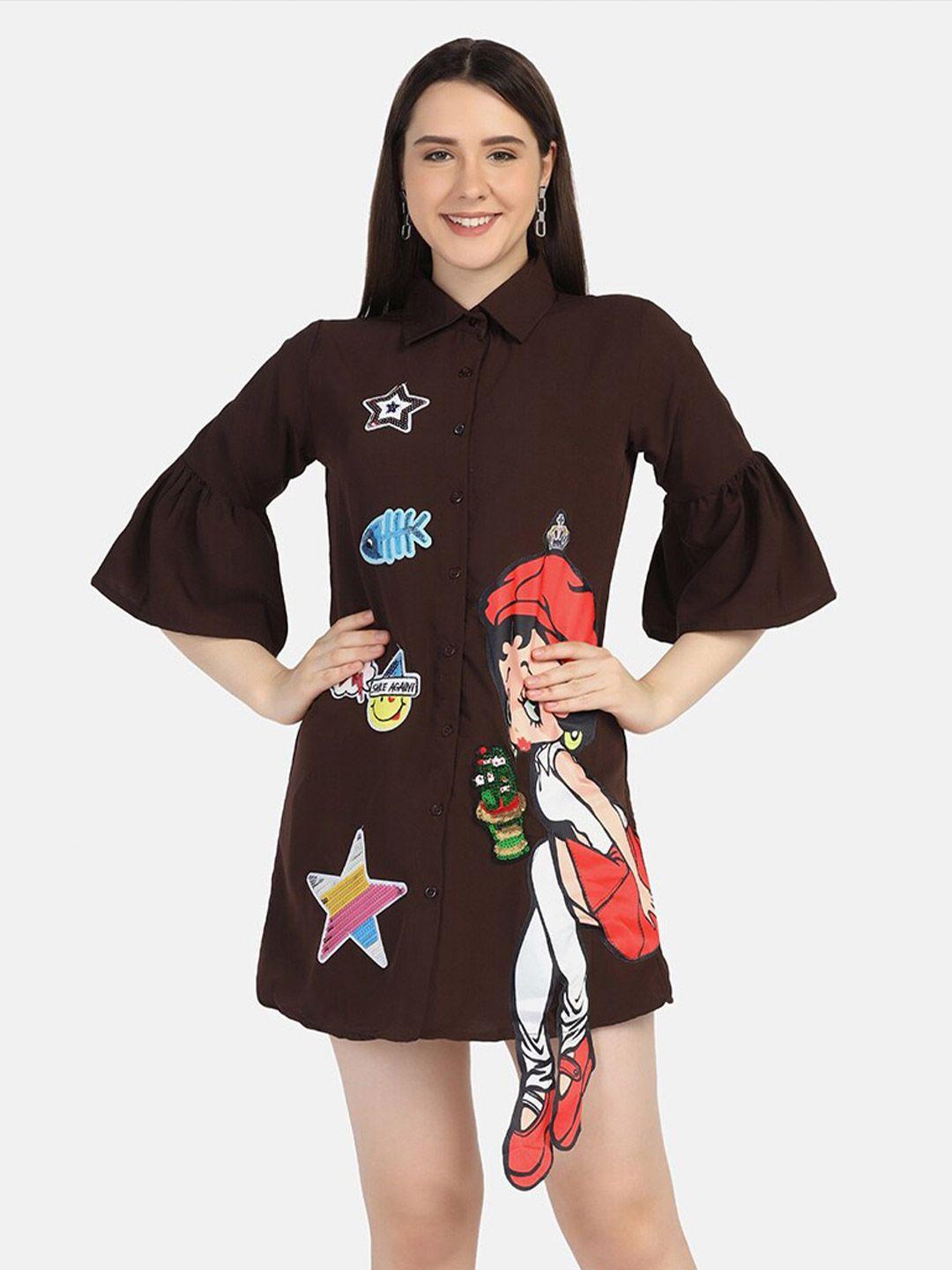 buy new trend graphic printed applique bell sleeves shirt mini dress