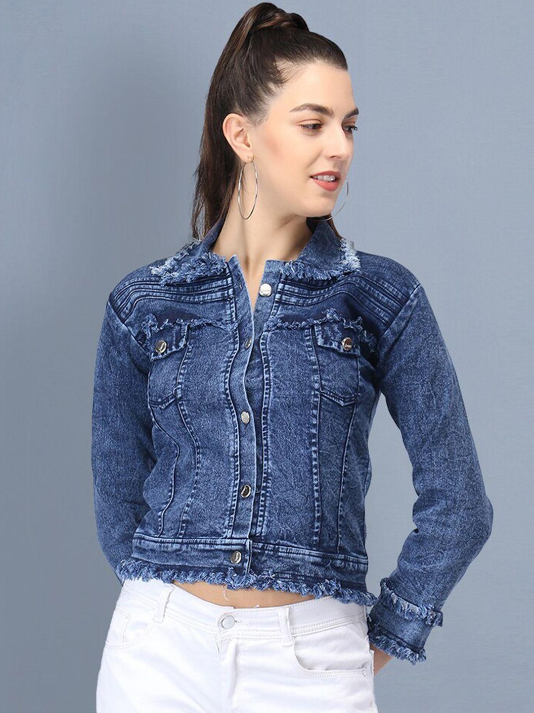 buy new trend women blue washed lightweight crop denim jacket