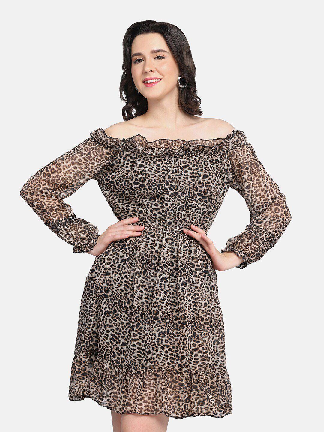 buy new trend women brown animal print off-shoulder dress