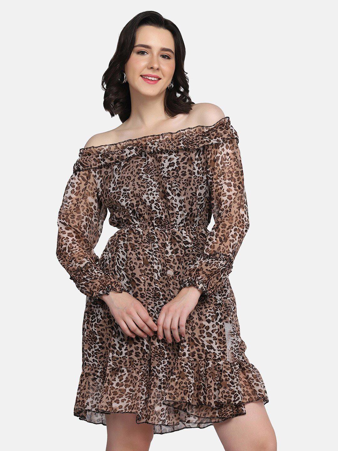 buy new trend women brown animal print off-shoulder dress