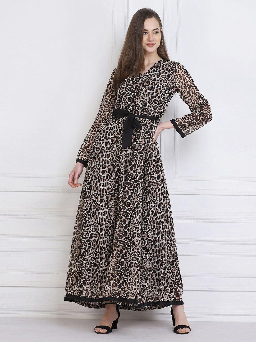 buy new trend women brown animal printed georgette maxi dress