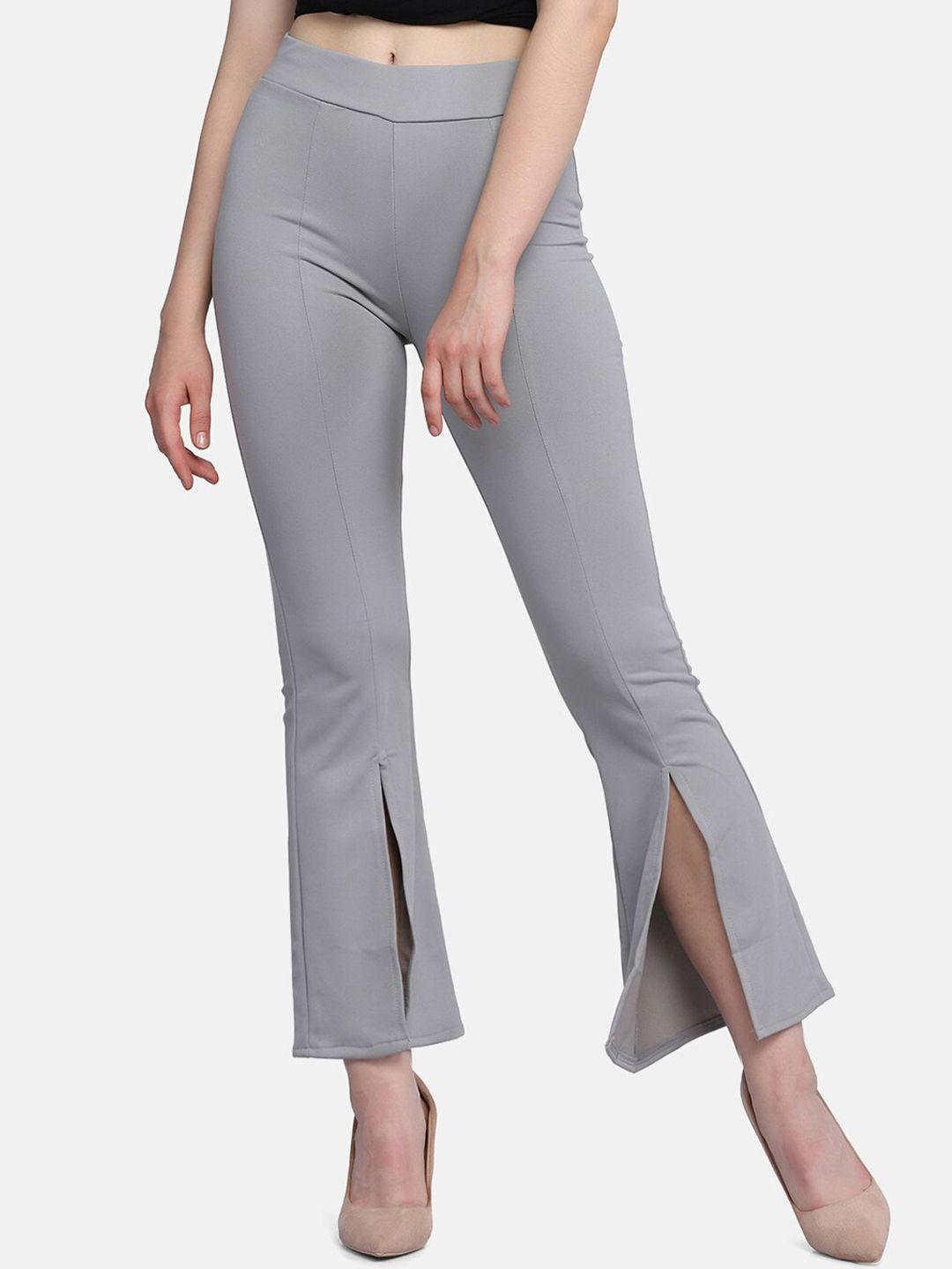 buy new trend women grey comfort slim fit lycra high-rise bootcut trousers
