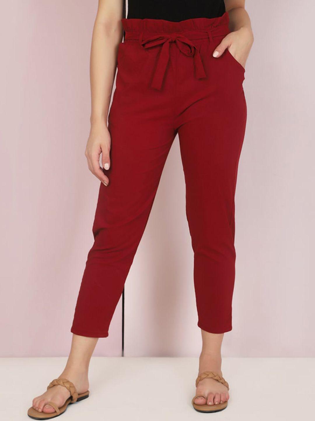 buy new trend women maroon comfort slim fit peg trousers