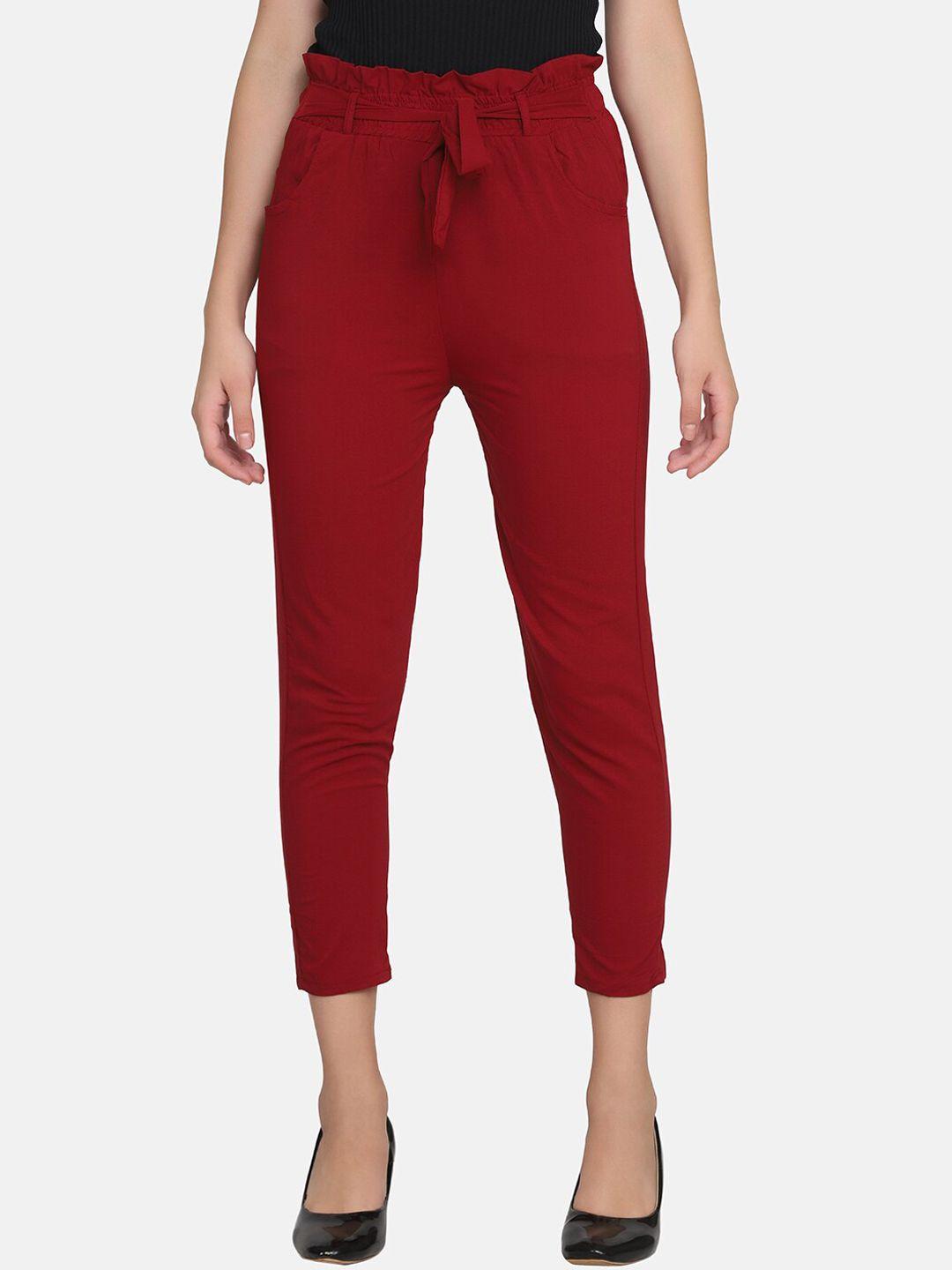 buy new trend women maroon comfort slim fit trousers