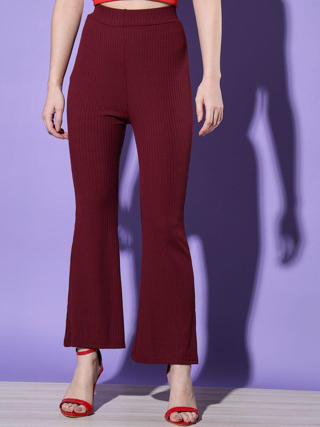 buy new trend women maroon striped high-rise trousers