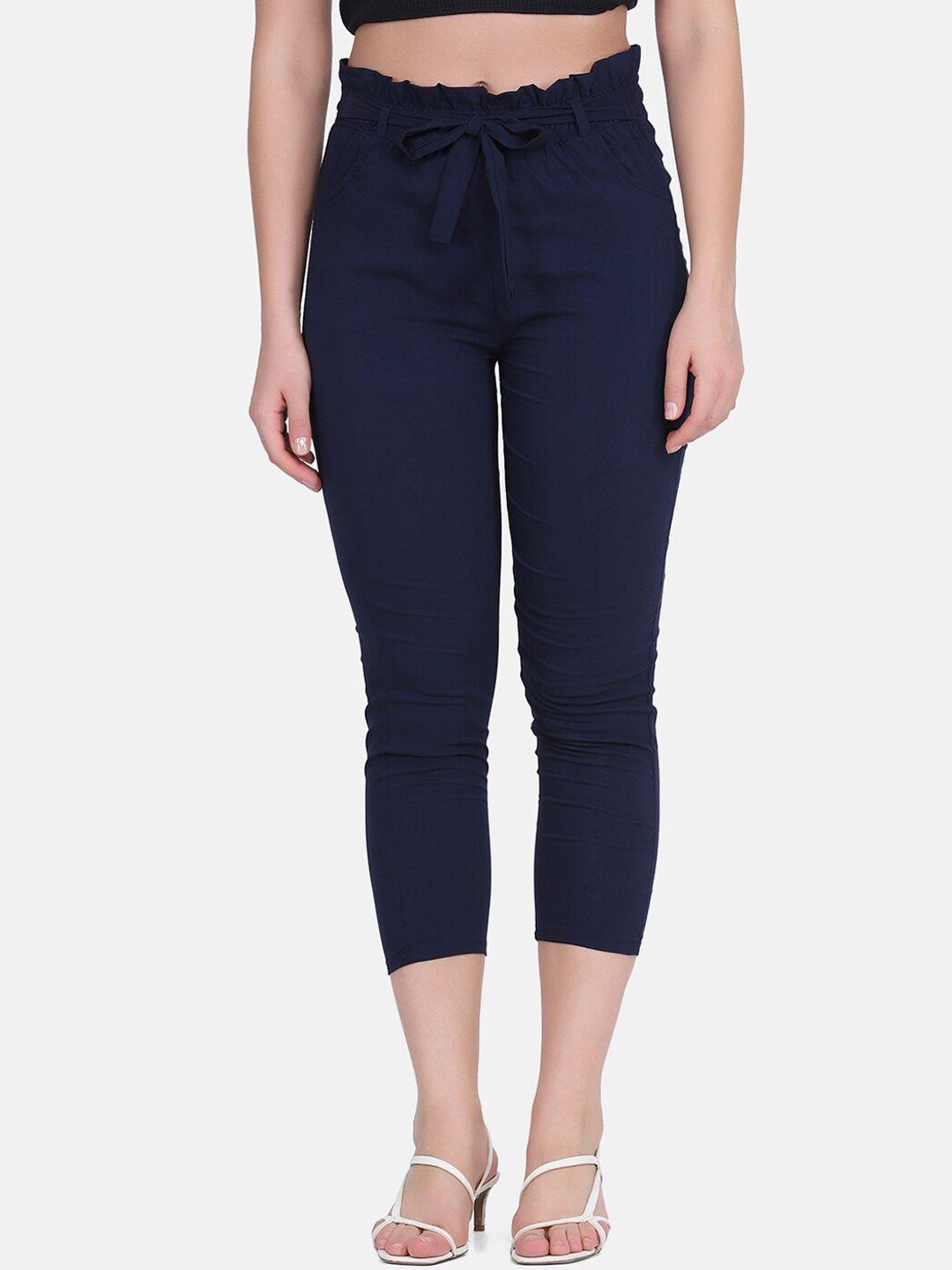 buy new trend women navy blue comfort slim fit trousers