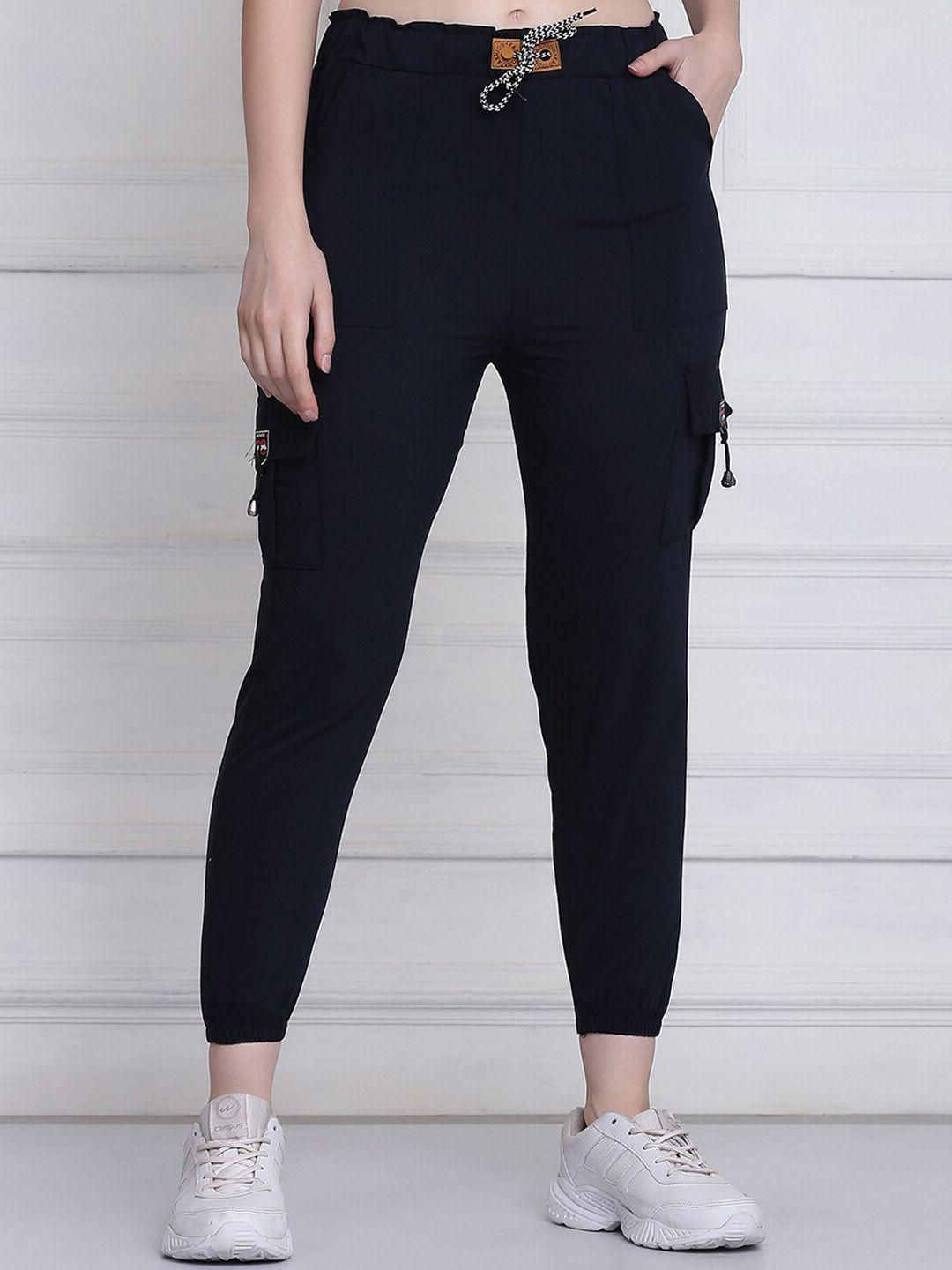 buy new trend women navy blue solid comfort slim fit joggers trousers