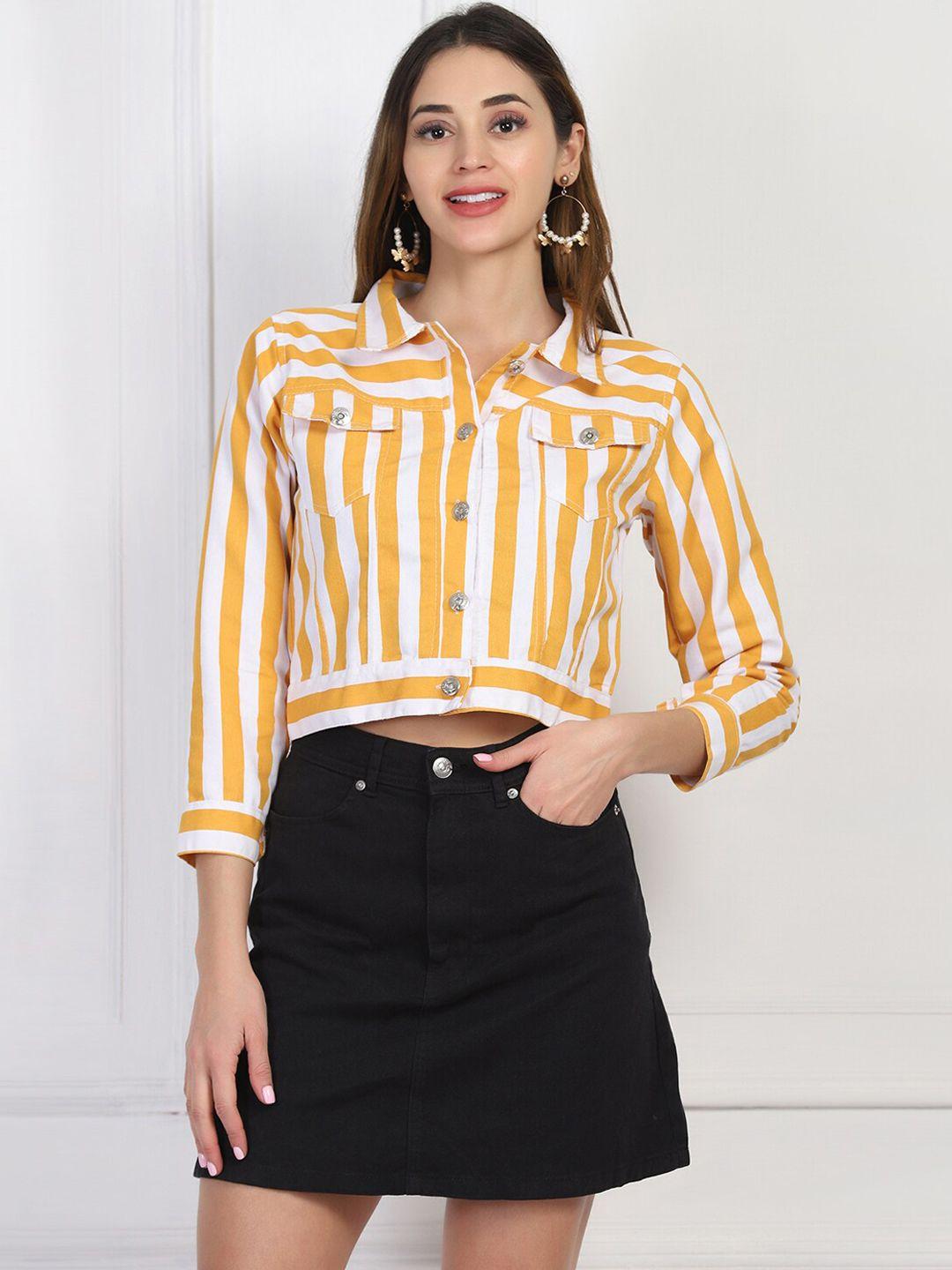 buy new trend women yellow & white striped lightweight crop open front jacket