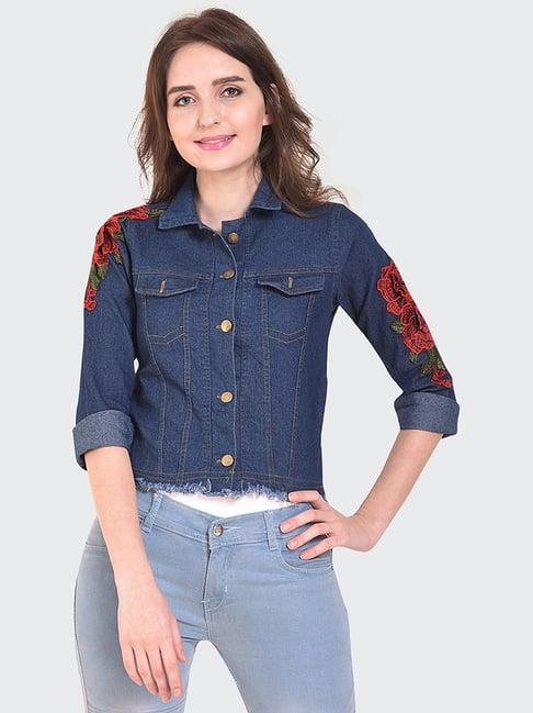buynewtrend blue embroidered jacket