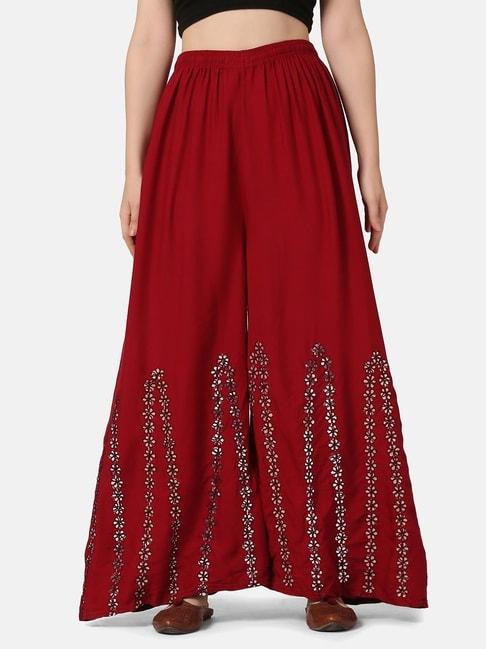 buynewtrend maroon embroidered palazzos