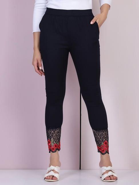 buynewtrend navy embroidered leggings