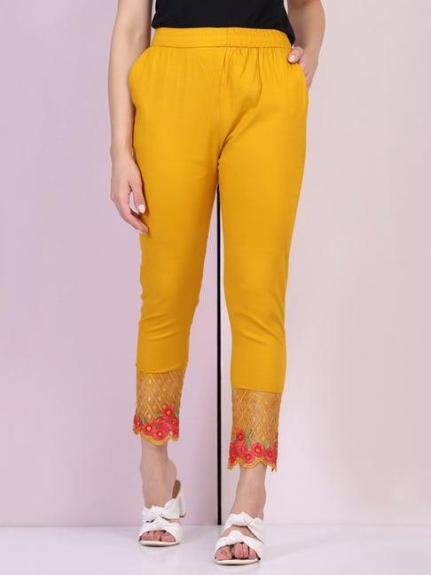 buynewtrend yellow embroidered leggings