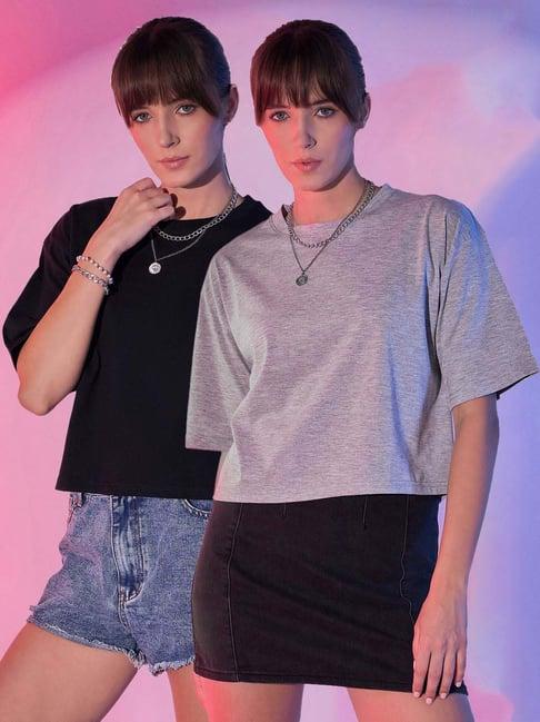 buynewtrend black & grey cotton cropped t-shirt - pack of 2