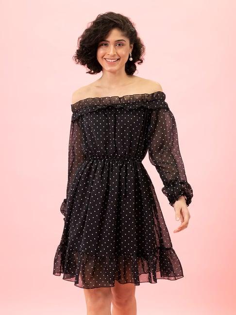 buynewtrend black polka dot a line dress