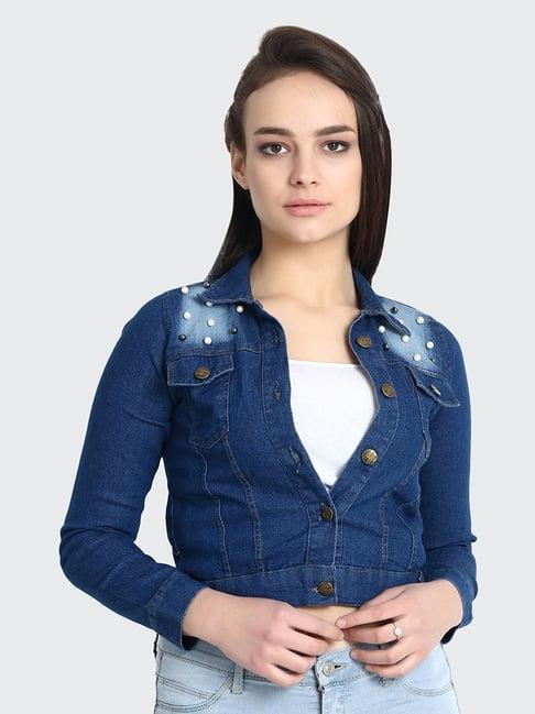 buynewtrend blue embellished jacket