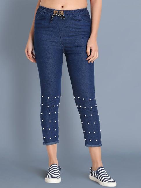 buynewtrend blue embellished mid rise jeans