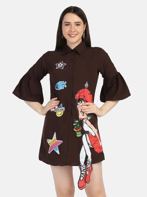 buynewtrend brown printed shirt dress