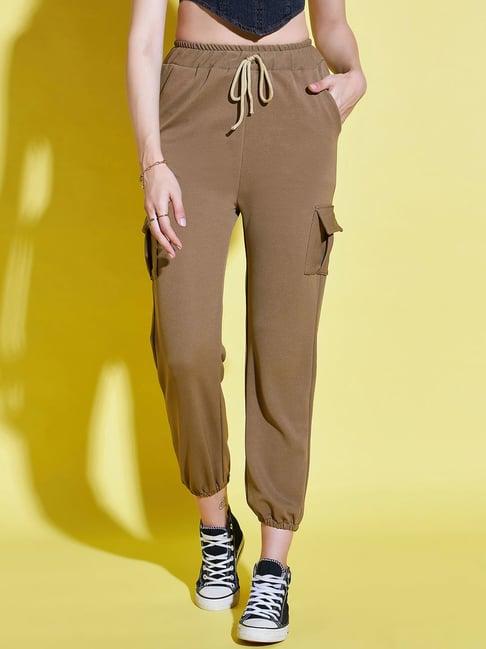 buynewtrend brown relaxed fit high rise joggers