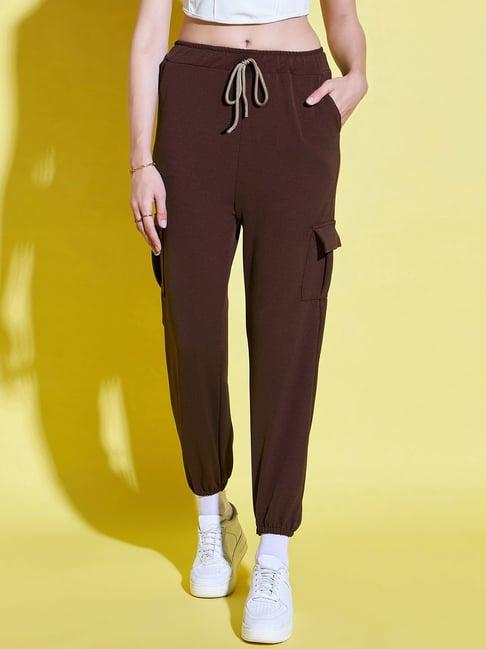 buynewtrend dark brown relaxed fit high rise joggers