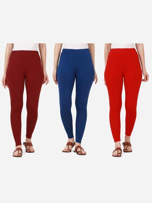 buynewtrend maroon & blue cotton leggings - pack of 3