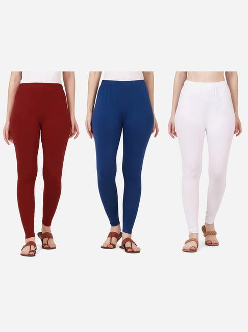 buynewtrend maroon & blue cotton leggings - pack of 3