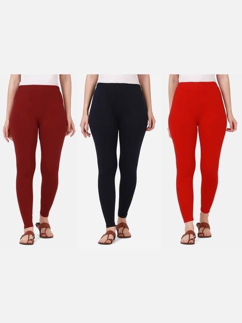 buynewtrend maroon & navy cotton leggings - pack of 3