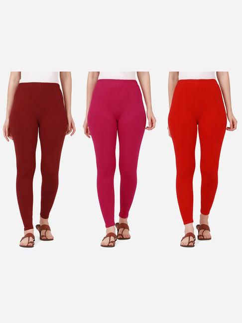 buynewtrend maroon & pink cotton leggings - pack of 3