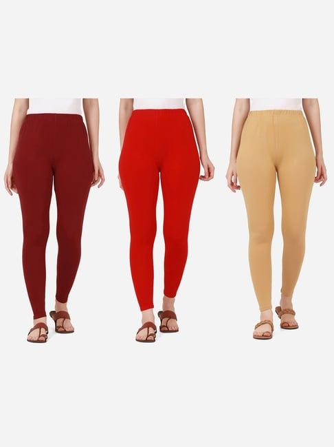 buynewtrend maroon & red cotton leggings - pack of 3