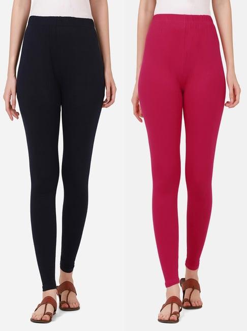 buynewtrend navy & pink cotton leggings - pack of 2
