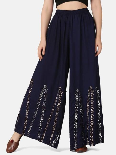 buynewtrend navy embroidered palazzos
