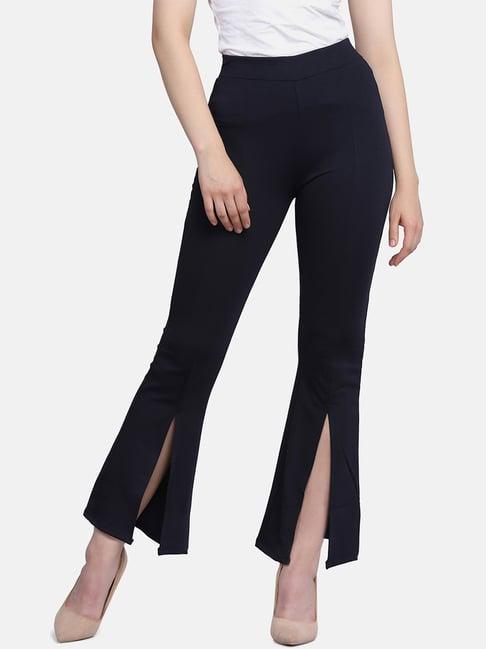 buynewtrend navy mid rise front slit trousers