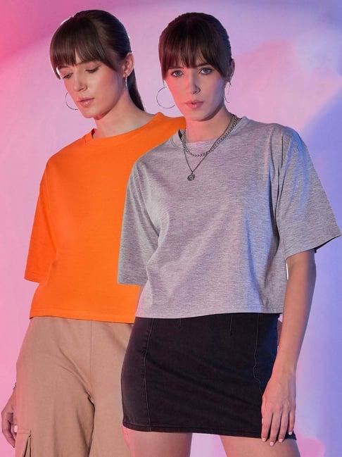 buynewtrend orange & grey cotton cropped t-shirt - pack of 2