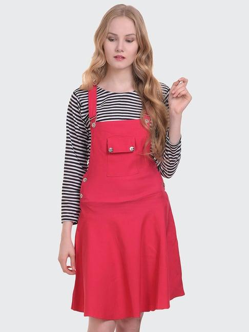 buynewtrend pink striped a-line dress