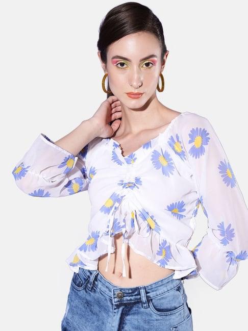 buynewtrend white floral print crop top