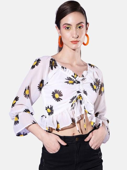 buynewtrend white floral print crop top