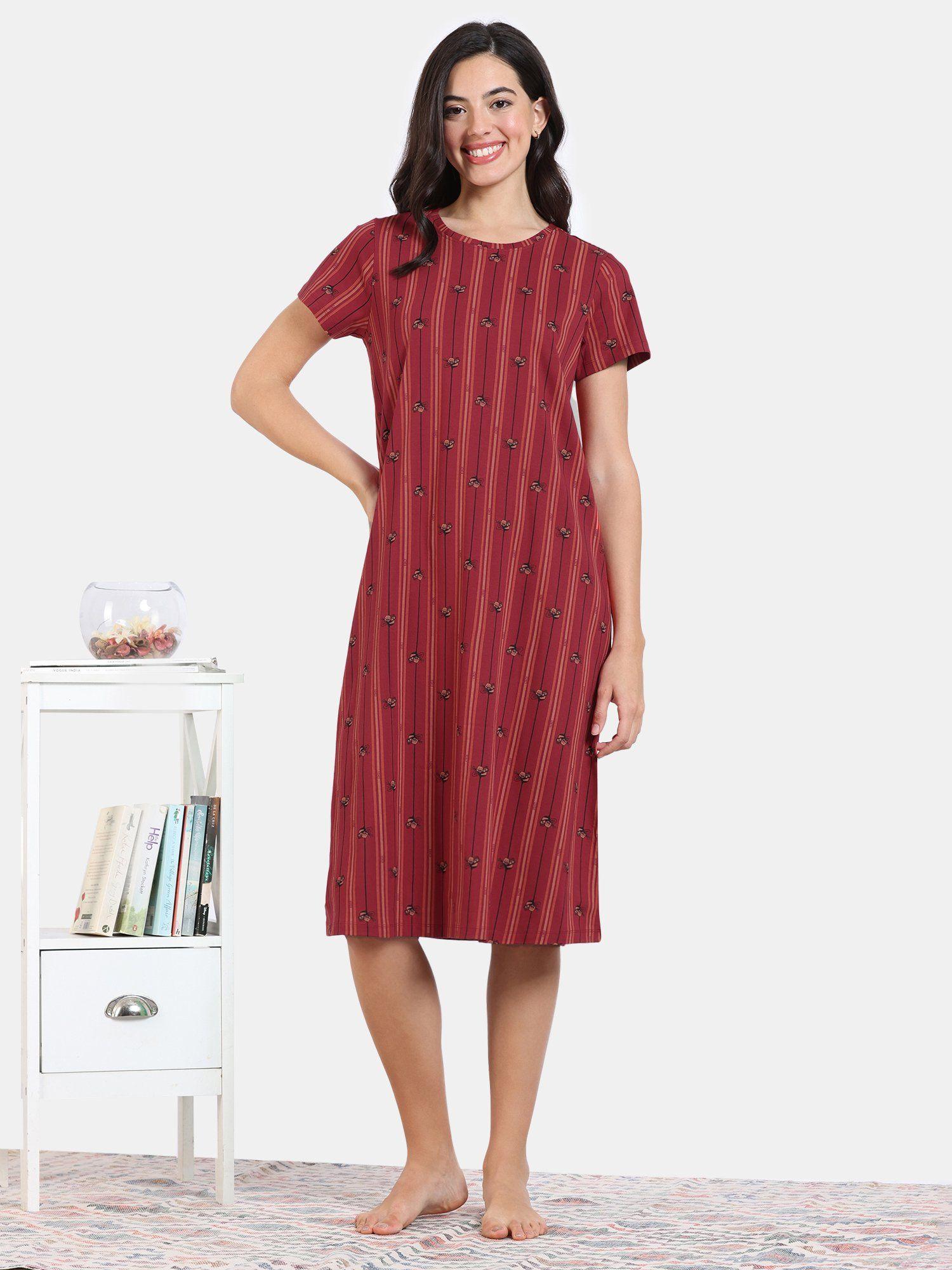 buzzers knit cotton knee length nightdress - karanda red