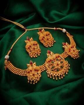 bv3310nk gold-plated stone-studded necklace & earrings set