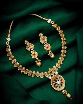 bv3512nk gold-plated ruby-studded necklace & earrings