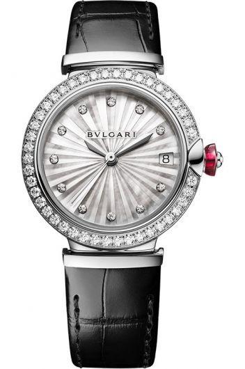 bvlgari lvcea mop dial automatic watch with leather strap for women - 103476