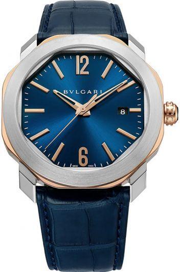 bvlgari octo blue dial automatic watch with leather strap for men - 103205