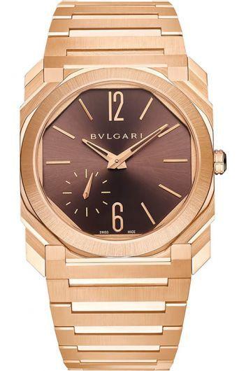 bvlgari octo brown dial automatic watch with rose gold strap for men - 103637