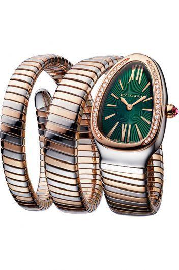 bvlgari serpenti green dial quartz watch with steel & rose gold bracelet for women - 102791