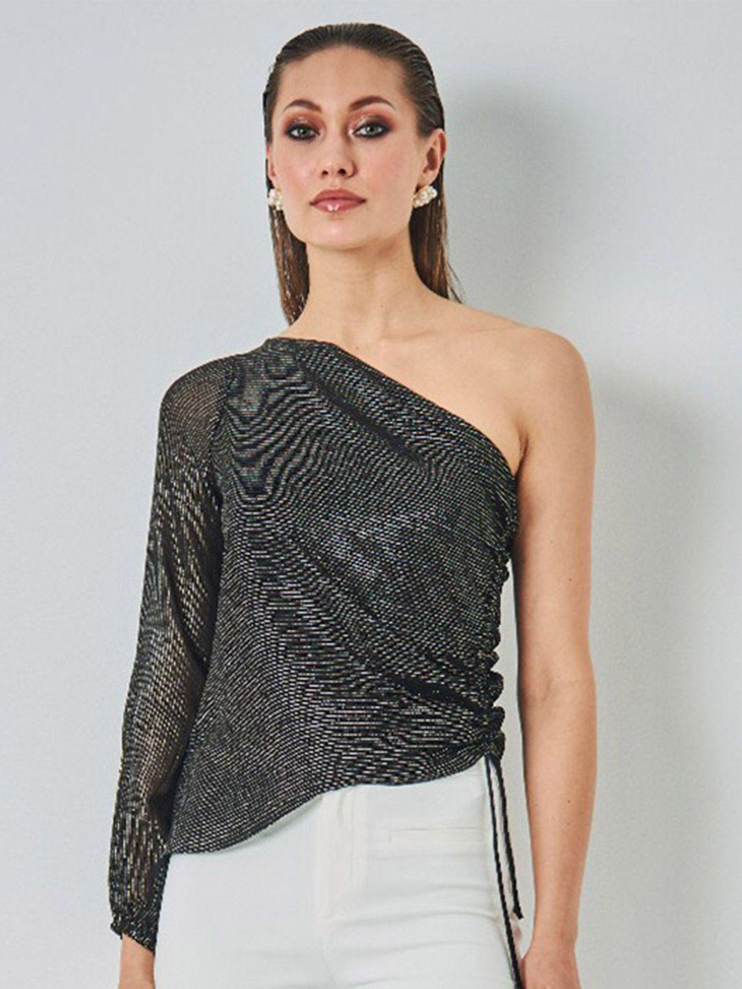 by the bay embellished one shoulder puff sleeve georgette top