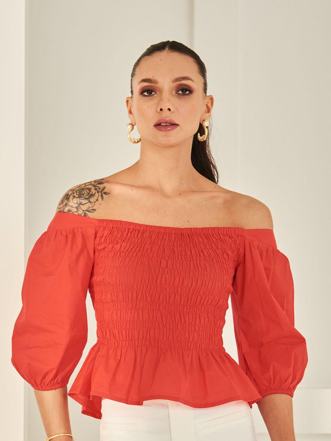 by the bay off-shoulder smocked puff sleeves cotton peplum top