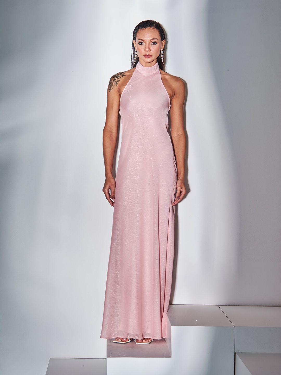 by the bay pink halter neck georgette maxi dress