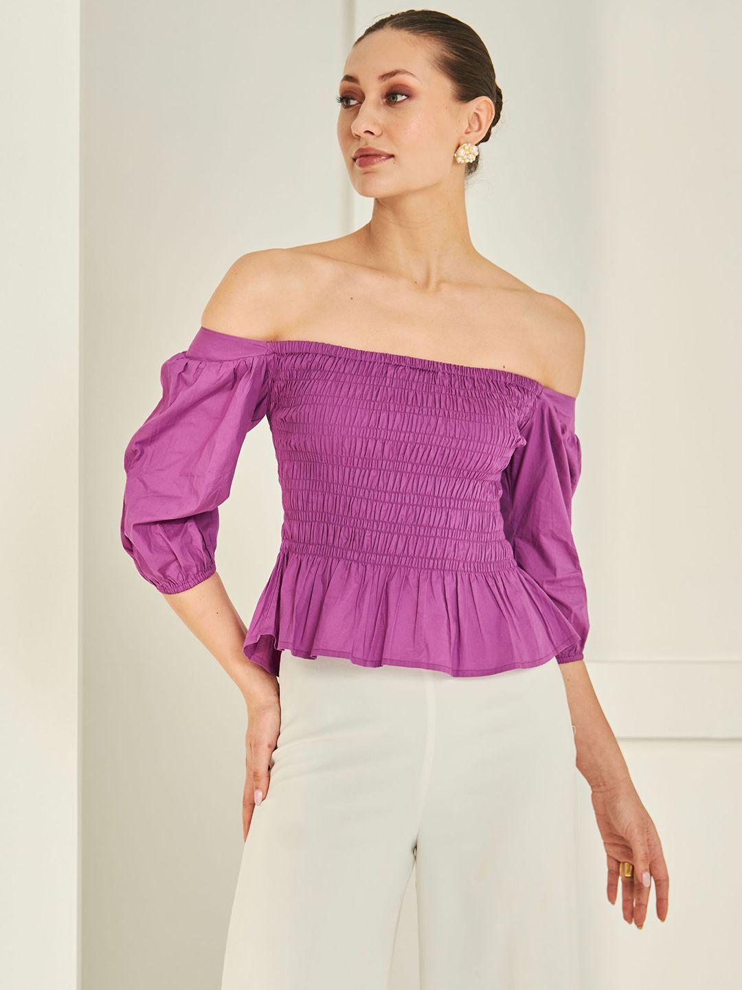 by the bay purple off-shoulder cotton bardot top