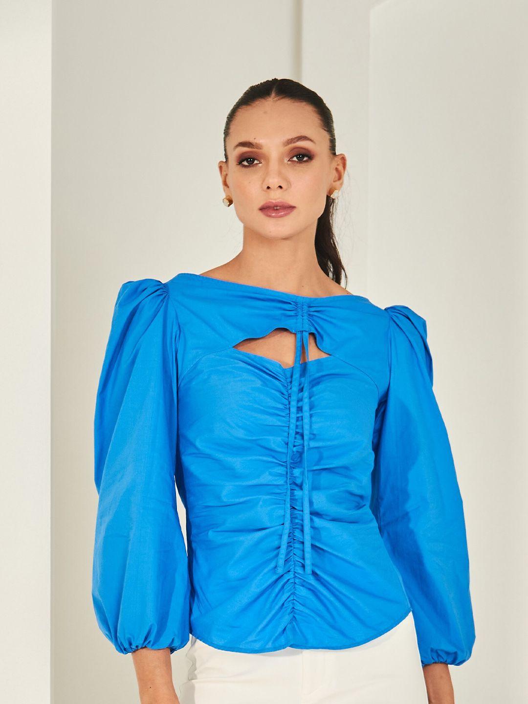 by the bay ruched puff sleeve cotton top