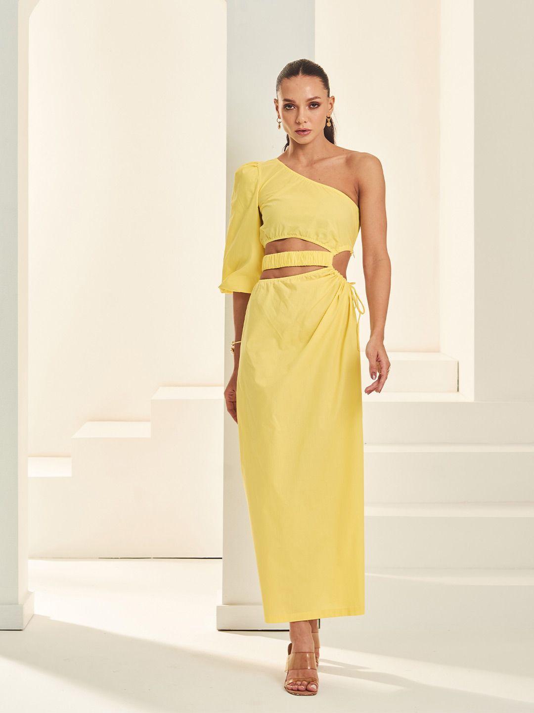 by the bay yellow one shoulder maxi dress