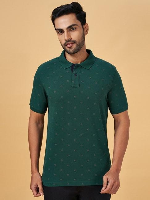 byford by pantaloons bottle green cotton slim fit printed polo t-shirt