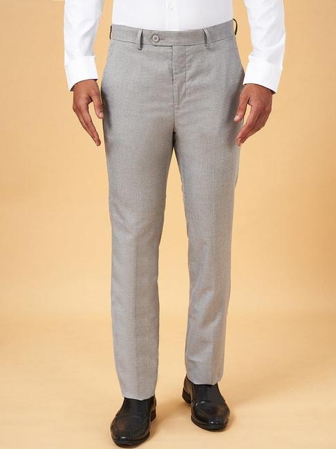 byford by pantaloons light grey slim fit self pattern trousers